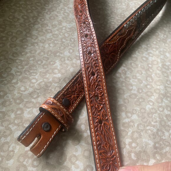 Western Tooled Hair-on Studded Belt 32” - Picture 5 of 11